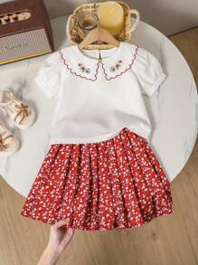 SHEIN Young Girls' Vacation Casual Ditsy Floral Embroidery Puff Sleeve Shirt + Ruffle Hem Mini Skirt 2 Pieces Set