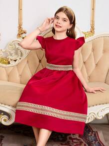 2pcs/Set Tween Girls Cap Sleeve Satin Dress With Gold Lace Trim & Matching Bag, Style For Spring & Summer,Holiday Summer Travel - Burgundy - View 5