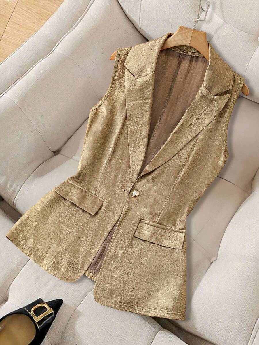 Franclia 百搭休闲办公室无领无袖修身时尚金属金色女士薄款轻便西装外套，春夏 - 金色 - 查看 1
