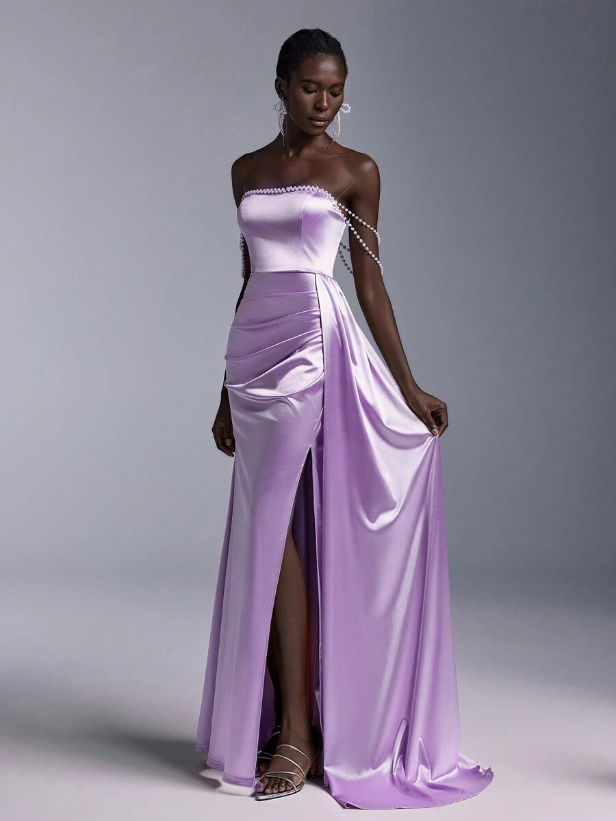 Elitara 华丽露肩袖口串珠侧垂高开衩美人鱼晚礼服女士正式舞会礼服（重工业风格）优雅舞会婚礼宾客礼服，适合毕业典礼、晚宴派对礼服 - 紫羅蘭色 - 查看 1