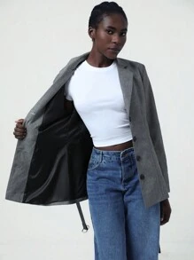 Aveloria Modichic 女士优质宽肩带纽扣前收腰长袖中长款西装外套 - 淺灰色 - 查看 8