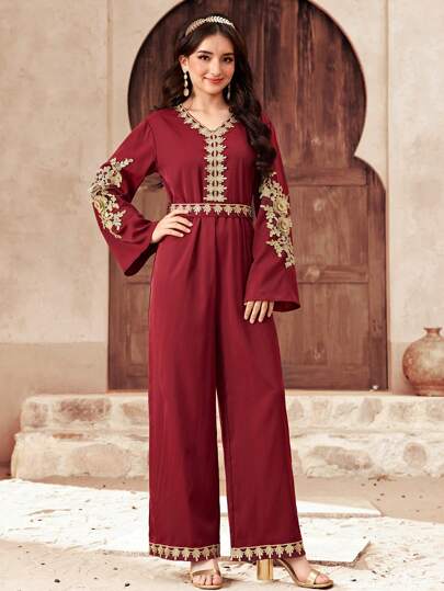 SHEIN 少女 V 领纯色拼接金线花卉连体裤，休闲斋月服装