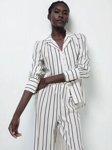 Aveloria Modichic 2 件套女士休闲时尚衬衫，翻领和纽扣衬衫 + 裤子，百搭条纹办公装 - 彩色 - 查看 6