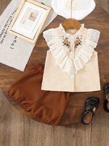 2pcs Baby Girls Ruffled Embroidered Sleeveless Top And Plain Flower Shorts Set, Summer Outfit - Khaki - View 1