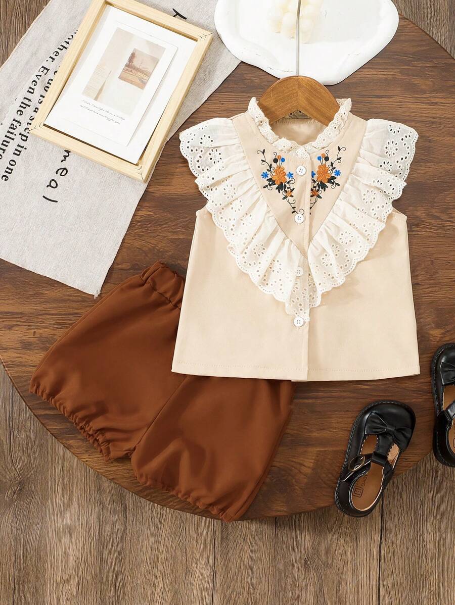 2pcs Baby Girls Ruffled Embroidered Sleeveless Top And Plain Flower Shorts Set, Summer Outfit - Khaki - View 1