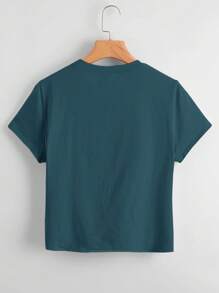 SHEIN LUNE Áo thun nơ hạt ngọc trai giả cỡ lớn, thời trang tối giản, mặc thường ngày - Màu xanh ngọc - Xem 2