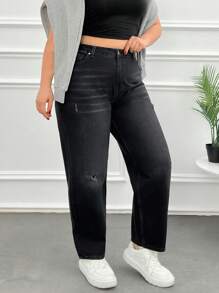 RueChic Plus High Waist Basic Wash Ripped Mom Fit Jeans - Black - View 6
