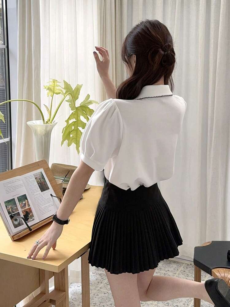 Women Puff Sleeve POLO Collar Casual Butterfly Embroidery T-Shirt Cute Tops