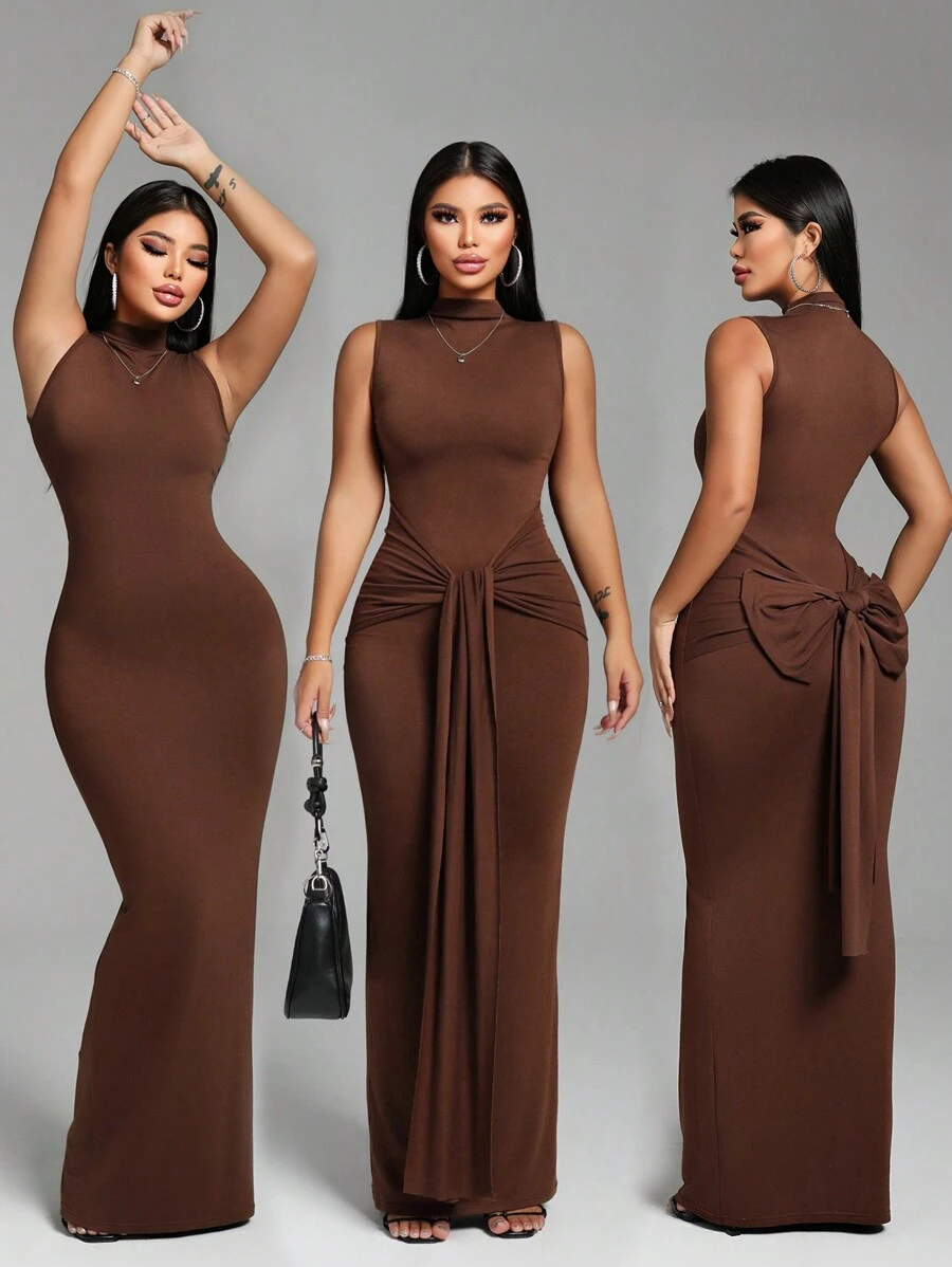 VaVaBold Women's Mock Neck Tie Front Dress, Sexy & Elegant - Brown - View 1