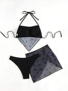 Conjunto de Bikini de 3 piezas con estampado de mariposa gris para mujer, que incluye sujetador triangular, calzoncillos de natación y falda de natación. Conjunto de traje de baño, atuendo de playa