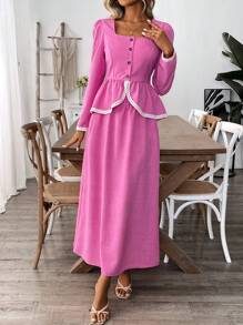 SHEIN Clasi Women Square Neck Long Sleeve Top And A-Line Skirt, 2 Pieces Set, Casual & Fashionable For Everyday Wear