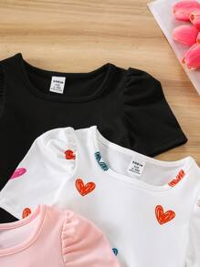 SHEIN Set de 4 piezas Blusa casual de bebé niña de unicolor con estampado de corazón y mangas abullonadas - Multicolor - Ver 4