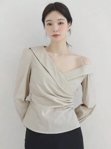 DAZY 女式不对称肩长袖收腰衬衫，秋季服装 - 灰色 - 查看 1