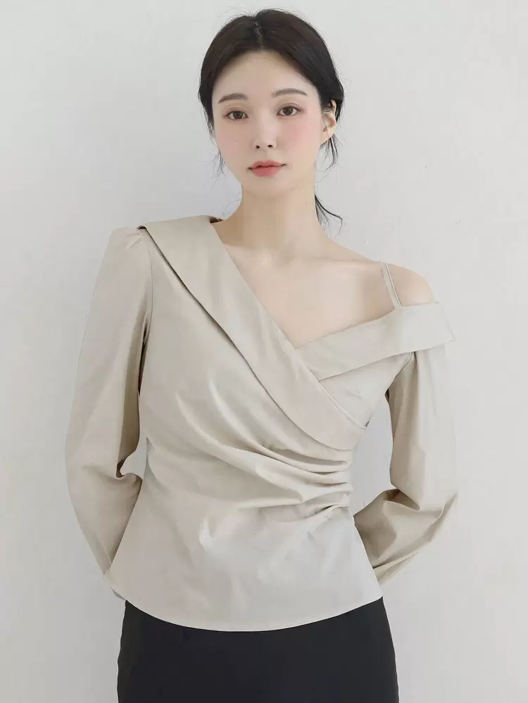 Women's Asymmetric Shoulder Long Sleeve Cinched Waist Blouse,Fall Clothes