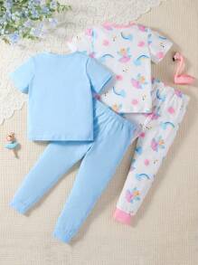 4 件套女孩年轻女孩简约时尚可爱印花元素短袖上衣和裤子休闲舒适家居服