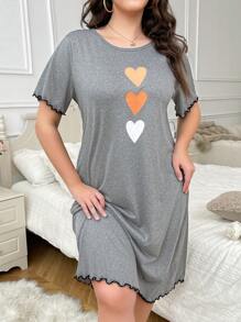 3pcs Plus Size T-Shirt Nightgown With Heart Print, Casual