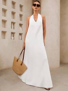 SHEIN VCAY Vestido casual de unicolor sin espalda de halter para vacaciones de mujer - Blanco - Ver 1