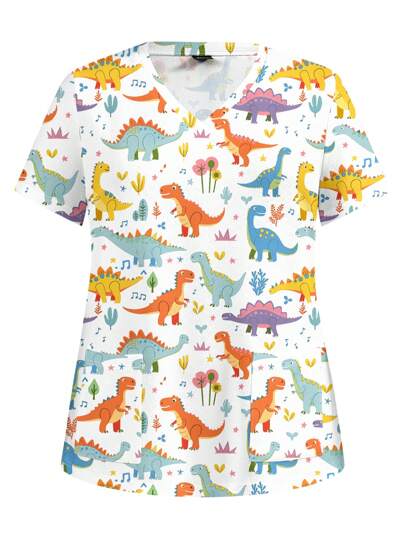 PopScrub Fun Dinosaur Print Plus Size Scrubs Top: Colorful & Playful V-Neck Nurse