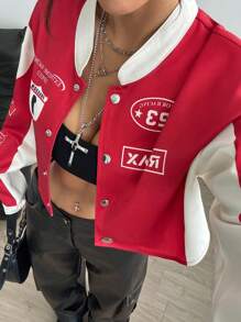 SHEIN Unity Motorcycle Cropped Long Sleeve Raglan Jacket For Women - Red and White - View 4