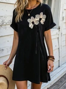 Women's Comfortable Black Floral Applique Casual Dress - Black - View 1