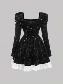 SHEIN MOD Black Star Sky Print Gigot Sleeve Velvet Dress With White Lace Bow And Floral Trim,Valentine's Day,Vacation Outfits Woman,Birthday Dresses For Women,Valentine's Day Dress,Mardi Gras Outfit,Easter Dress,Cruise Attire,Old Money Style Women,Concert Outfit Women,Tea Party Outfit,Country Concert Outfit,Date Night Outfits Women,Gothic Women Clothes