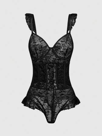 Goth Ensemble combinaison avec corset gothique sombre à volants en dentelle avec baleines en acier, sexy