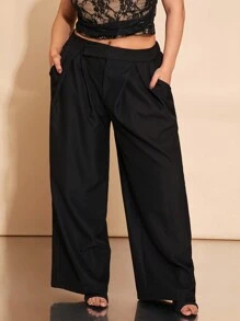 SHEIN BAE Plus Size Women Black Wide Leg Pants, High Waist Full Length Trousers, Suitable For Valentine's Day, Carnival, Beach, Holiday, Back To School, Spring/Summer, Commute, Daily Wear, Date