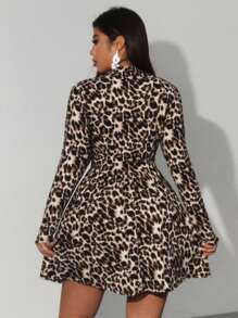 Allurite Plus Size Black Hollow Heart Embroidered Mock Neck Long Sleeve Leopard Print Flared Hem Knit Dress, Elements: Valentine, Rose, Heart, Polka Dot, Love, Lip, Cupid, 179D Flower