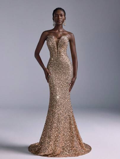 Elitara 优雅奢华的香槟金色露肩弹力串珠亮片美人鱼紧身连衣裙，婚礼宾客礼服，适合婚礼、单身派对、度假、舞会、正式宴会、晚礼服、礼服