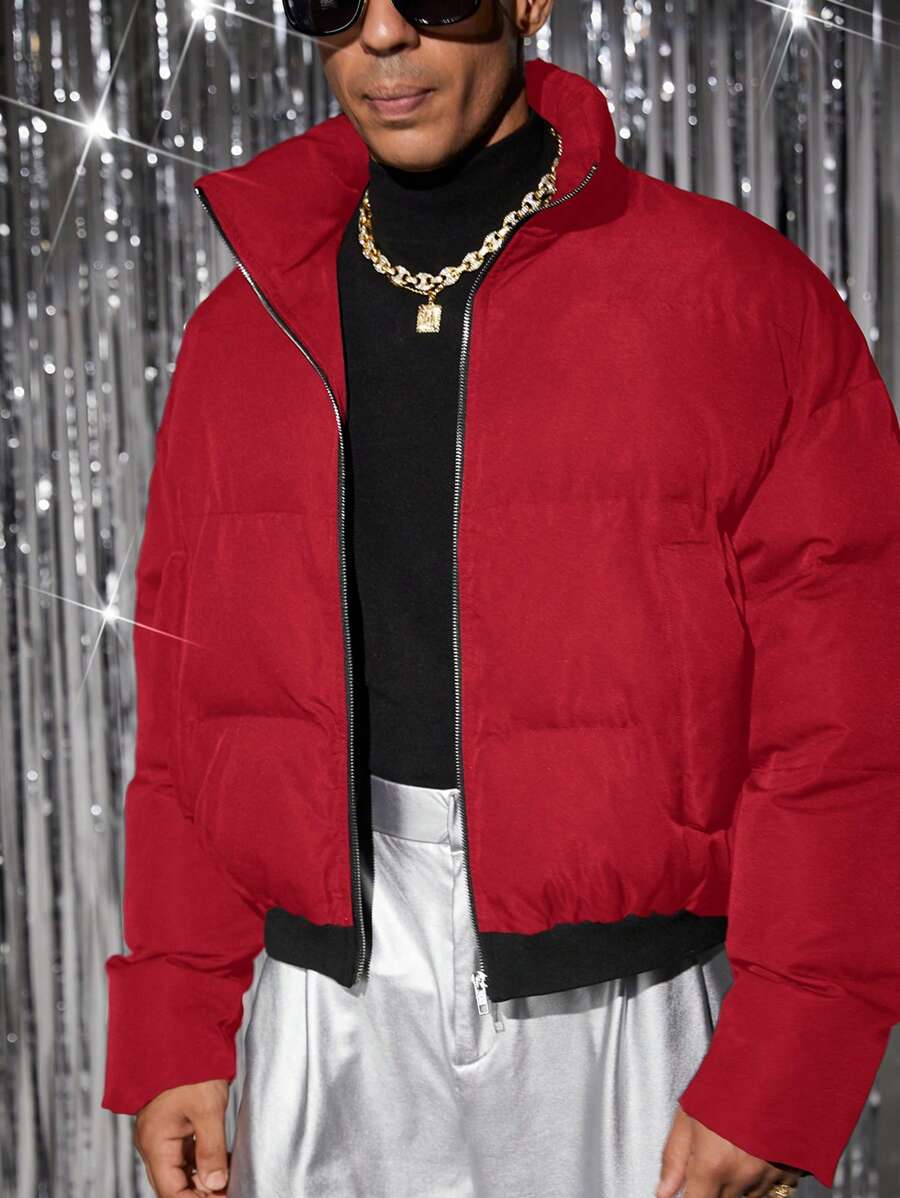 Manfinity VCAY Men's Fashionable Casual Everyday Young PU Leather Fitted Long Sleeve Padded Coat, For Fall Winter - Burgundy - View 1
