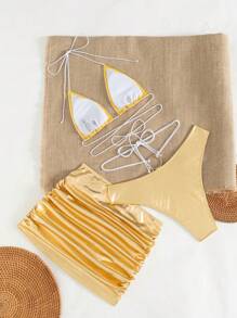 3pcs/Set Women's Metallic Strappy Halter Sexy Party Bikini Set With Skirt, For Summer Beach Vacation - Gold - View 2