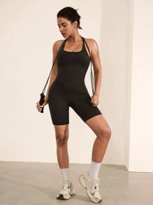 Tropiluxe Solid Color Open Back Sleeveless Yoga Sports Seamless Romper Sportwear For Daily Wear