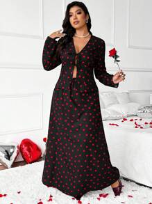 SHEIN Clasi 2 件大码爱心与蝴蝶结装饰开衫套装，情人节爱情/情人主题 - 黑色 - 查看 1