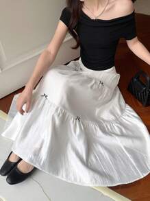 DAZY Women's Korean Style Bow A-Line Glossy Solid Color Skirt Fall Skirts - White - View 6