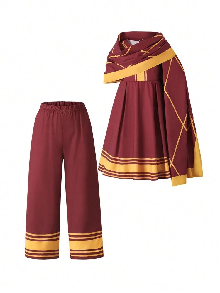 Young Girl 2 Pieces Set: Colorblock Dress & Pants With Shawl, -Inspired Design