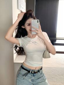 DAZY Women/Girls Casual Round Neck Plain Rhinestone Decor Short Sleeve T-Shirt