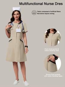 Scrubzie Anti-Wrinkle Contrast Color Block Apricot Nurse Uniform Dress For Women - Apricot - View 1
