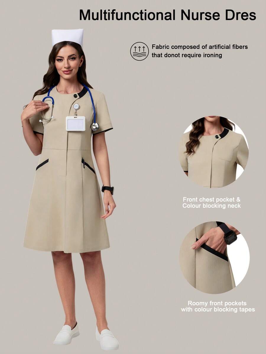 Scrubzie Anti-Wrinkle Contrast Color Block Apricot Nurse Uniform Dress For Women - Apricot - View 1