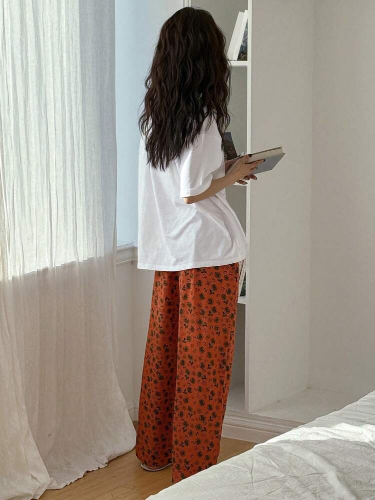 2pcs Women Plant Print Loose Short Sleeve Pajama Set