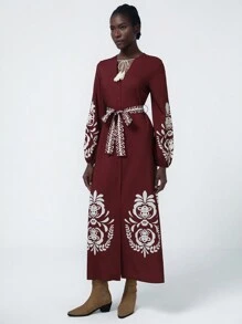 Aveloria Modichic Elegant Bohemian V-Neck Tassel Tied Retro Printed Dress, Long Sleeve Casual Vacation Dress For Women Fall Cloth For Women - Redwood - View 6