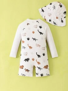SHEIN Young Boy Cartoon Dinosaur Print Raglan Sleeve One-Piece Swimsuit With Shorts Summer Holiday