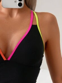 SHEIN Swim Contrast Binding One-Piece Swimsuit, For Beach Holiday, For Summer Vacation