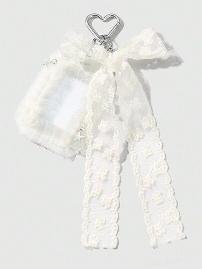 Kawaii 1pc Minimalist Versatile Delicate High-Quality Beige Mesh Embroidered Bow Star Pendant White Card Lanyard Badge ID Card Keychain Bag Charm, Suitable For Office Workers, Students, Daily Wear, Holiday Gift