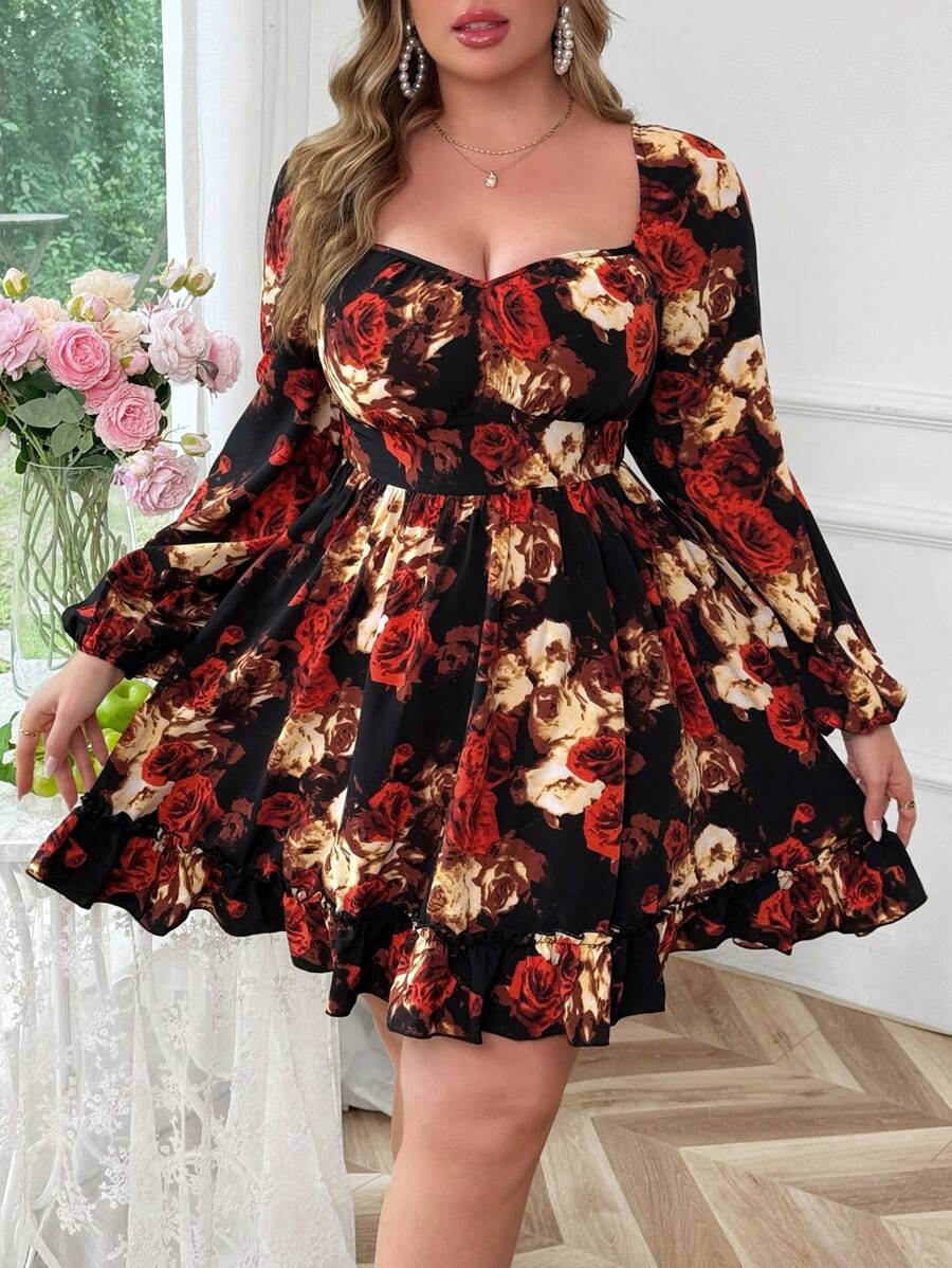 Flirla Floral Print Romantic Sweet Chiffon Mini Dress With Long Sleeve - Multicolor - View 1