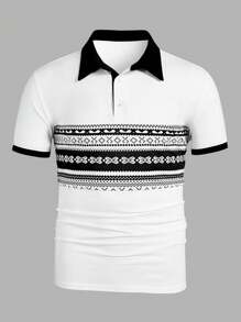 Manfinity Homme 男士几何印花短袖休闲办公 Polo 衫 - 黑色 - 查看 4