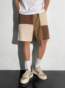 SHEIN 1 Pc Teen Boy's Loose Fit Men's Color Block Drawstring Waist Corduroy Shorts;Spring Wear; Teen Boys' Clothing; Teen Boy' Jackets, Spring Back To School