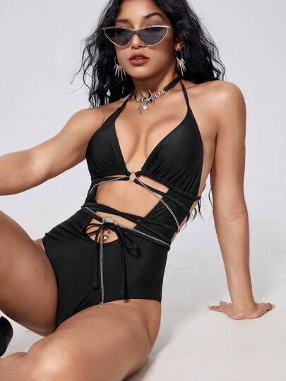 Gothic Twist-Tie One-Piece Swimsuit, For Summer Beach Vacation