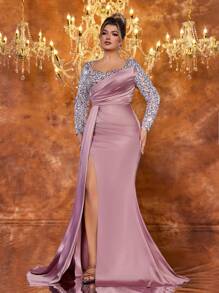 Glamrae Elegantes luxuriöses Abendkleid in Große Größen mit langen Ärmeln, Pailletten- und Perlenbesatz, Satin mit Stretch, Fishtail-Schnitt, geraffter Seitenschlitz, geeignet für Hochzeitsgäste, Junggesellinenabschied, Urlaub, Ball, Bankett, Abendfest, Abendkleidung, Gown - Altrosa - Übersicht 7