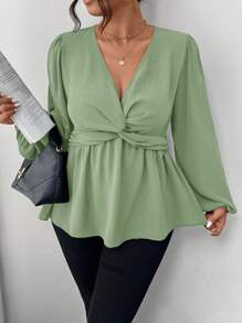 Firerie Plus Size Casual Twist Front A-Line Long Sleeve Shirt, Green - Mint Green - View 4