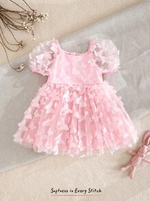 Cozy Pixies Vestido rosa de princesa para bebé niña con cuello redondo, manga abullonada, cintura de malla y bordado 3D de mariposas, adecuado para verano, fiesta, primer cumpleaños, boda, regalo de cumpleaños, vacaciones